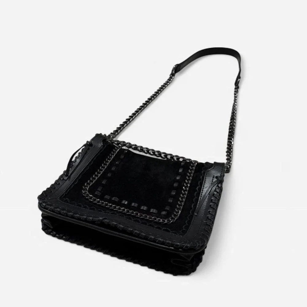 ZARA WOMAN Black Suede Leather Chain Strap Shoulder Bag‎ Crossbody